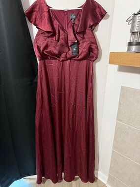 Adrianna Papell Burgundy Ruffle-Trim Maxi Dress